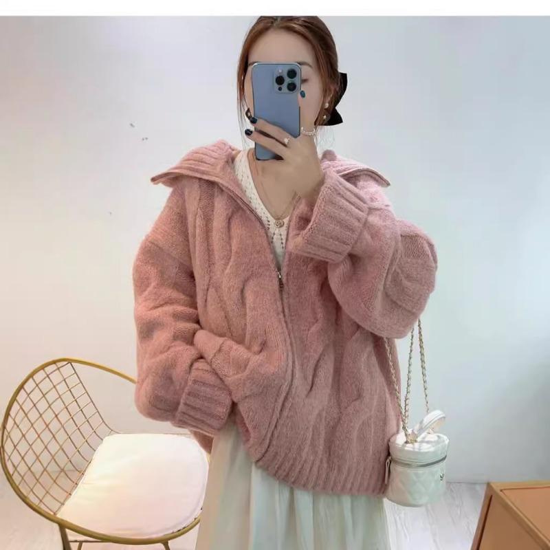 Autumn and Winter New Loose Zipper Retro Twist Knitted Cardigan Gentle Wind Soft Waxy Versatile Sweater Jacket Women