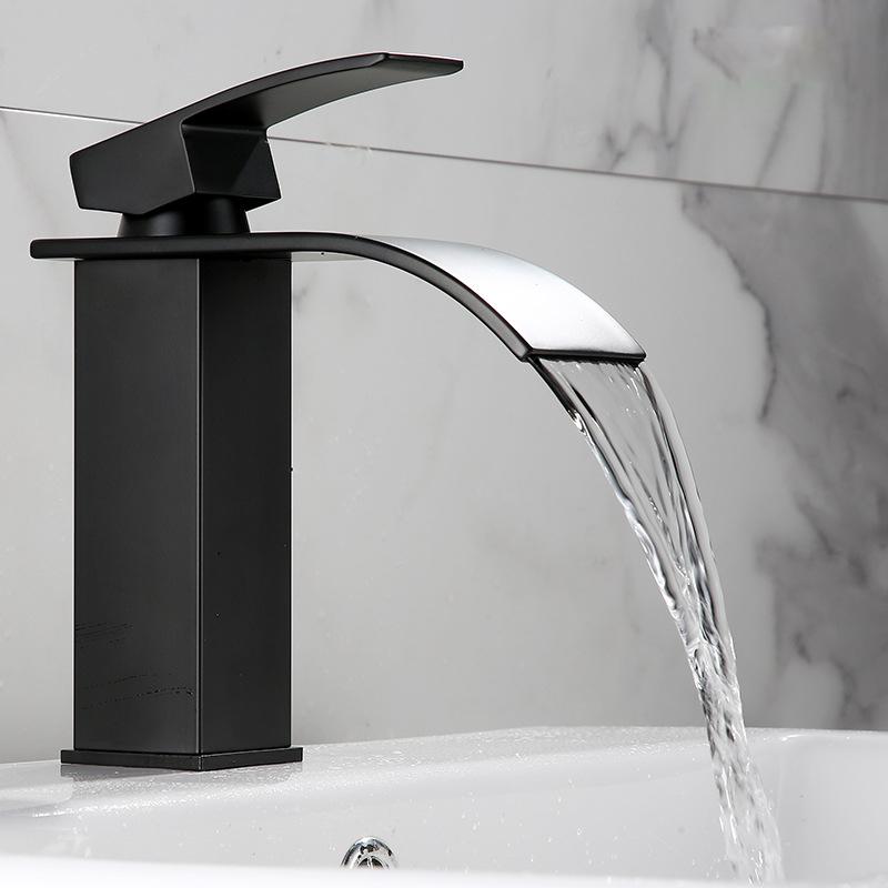 Black Stainless Steel Waterfall Bathroom Basin Faucet Sink Faucet Square Basin Faucet Single Handle And Cold Basin Faucet