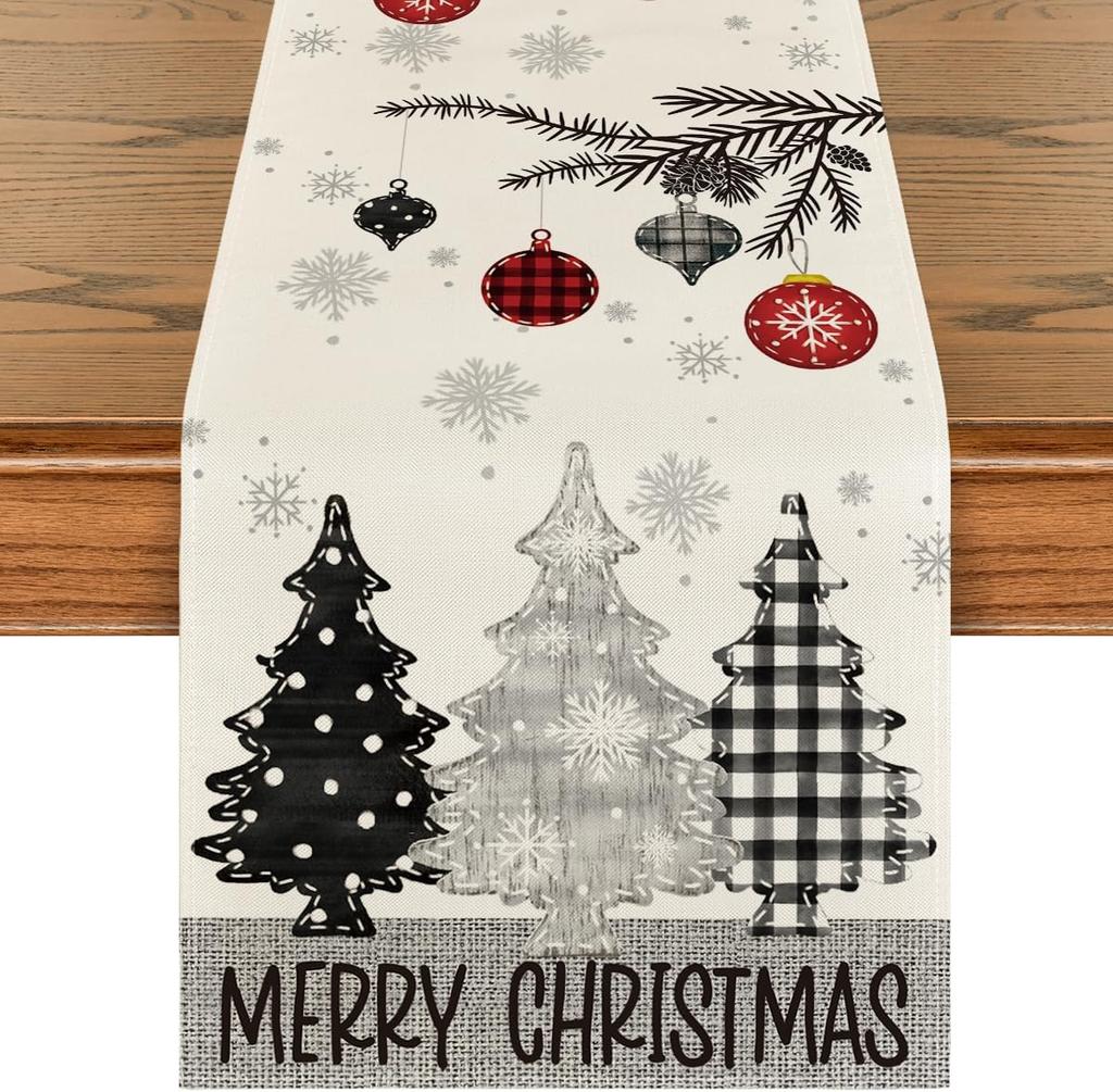 Merry Christmas Red Pine Trees Linen Table Runner Winter Xmas Holiday Party Kitchen Dining Table Decor Navidad Decorations 2025