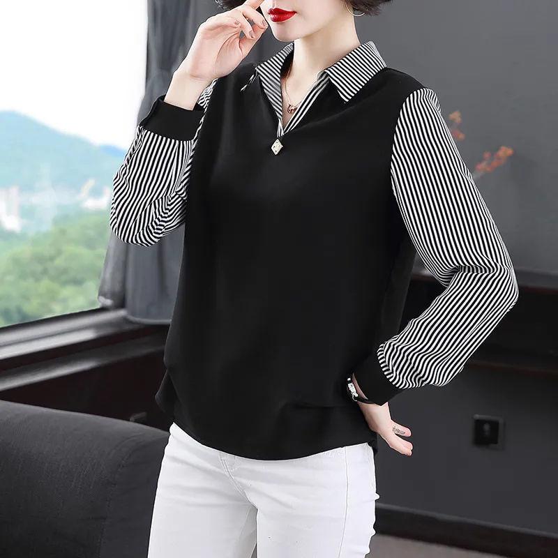 Western-style Mom Shirt Age-reducing Middle-aged and Elderly Splicing Polo Collar Bottoming Shirt Long-sleeved for Women