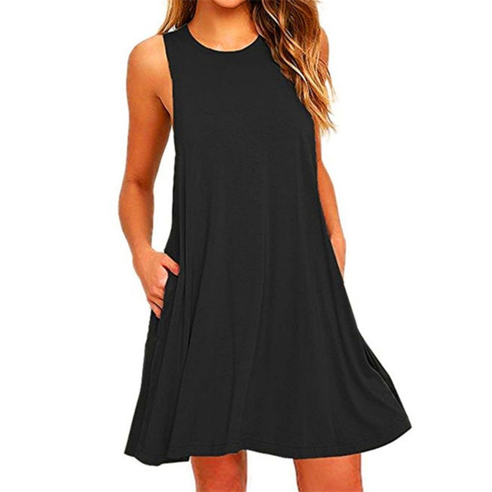 With  Solid Color Sleeveless Loose Dress Women O Neck Mini Causal Dress Office Club Party Vestidos
