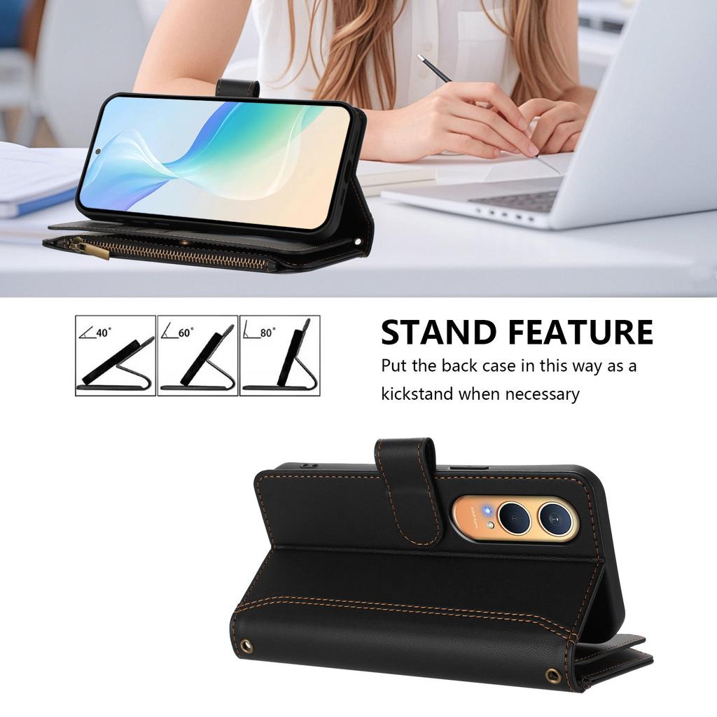 For Oppo K12x 5G (China)/OnePlus Nord CE4 Lite 5G Leather Case 9 Card Slots Zipper Wallet Stand Phone Cover with Wrist Strap