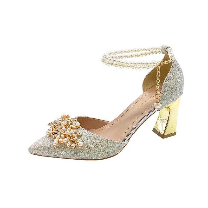 Fashion Shoes Women High Heels Women Wedding Shoes Bride Shoe Ladies Pumps Sandals Pearl Ankle Buckle Elegant Dress Women Heeled Shoes