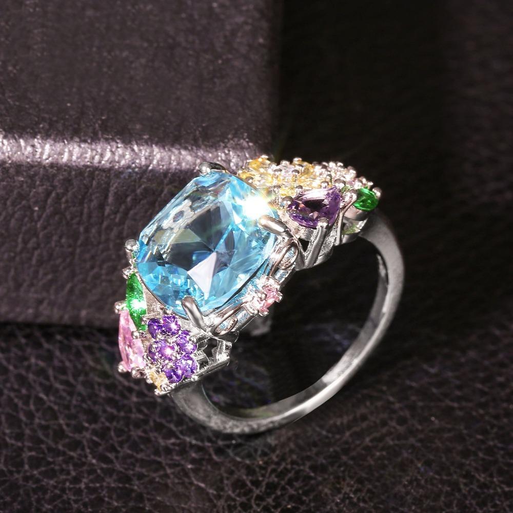 

Square Princess Ring for Women with Multicolor Gemstones Imitation Diamond Zirconia Rings Fashion Jewelry no. 6 платиновый