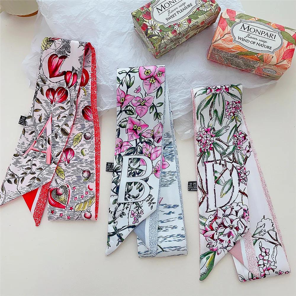 26 Letter Printed Headband 100x6cm Fashion Small Silk Scarf For Women New Design Brand Scarves Women's Bags Hair Tie Accessories