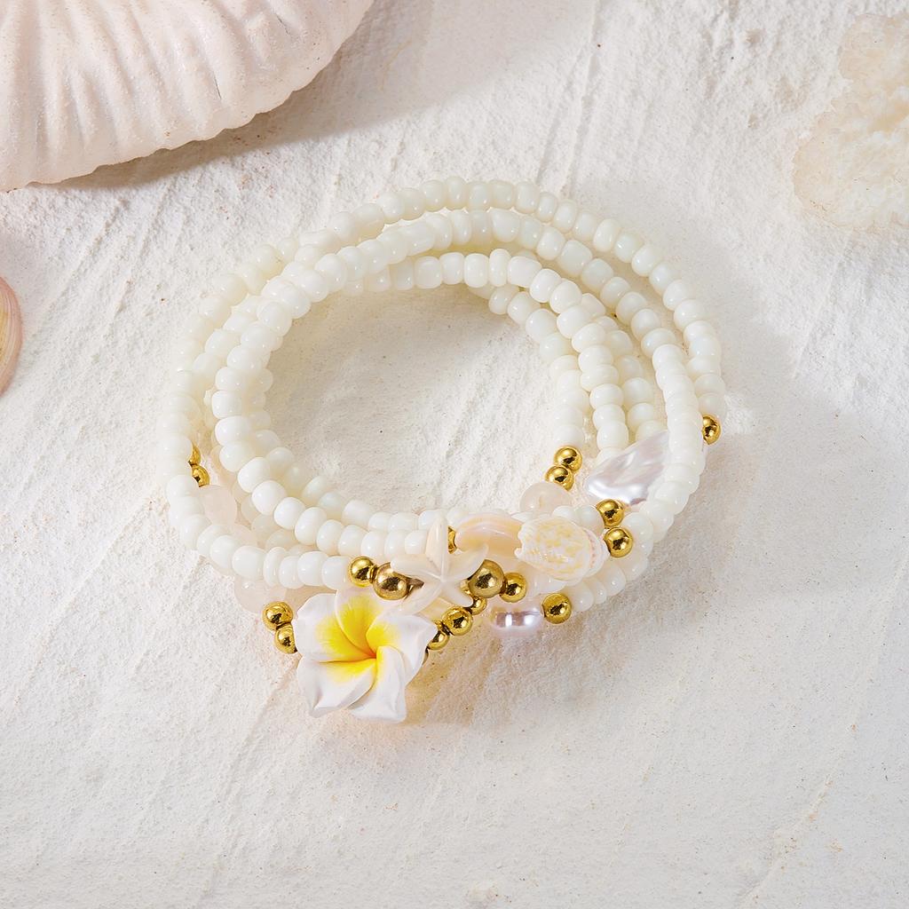 Elegant Shell Flower Imitation Pearl Chain Bracelet Set for Women Stackable Plumeria Floral Beads Bracelet Party Jewelry Gift