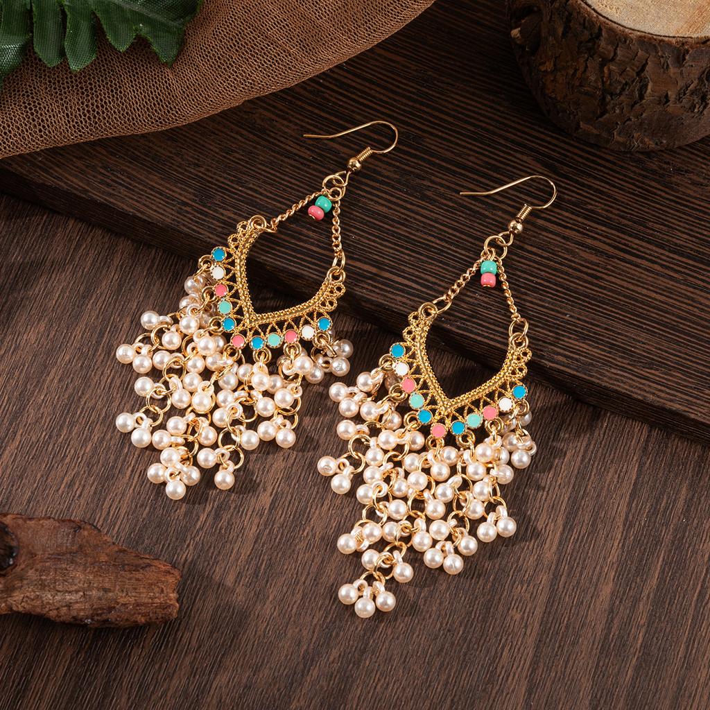 Manwang Geometric Pearl Tassel Earrings for Women, Vintage Alloy Dangle Drop Earrings