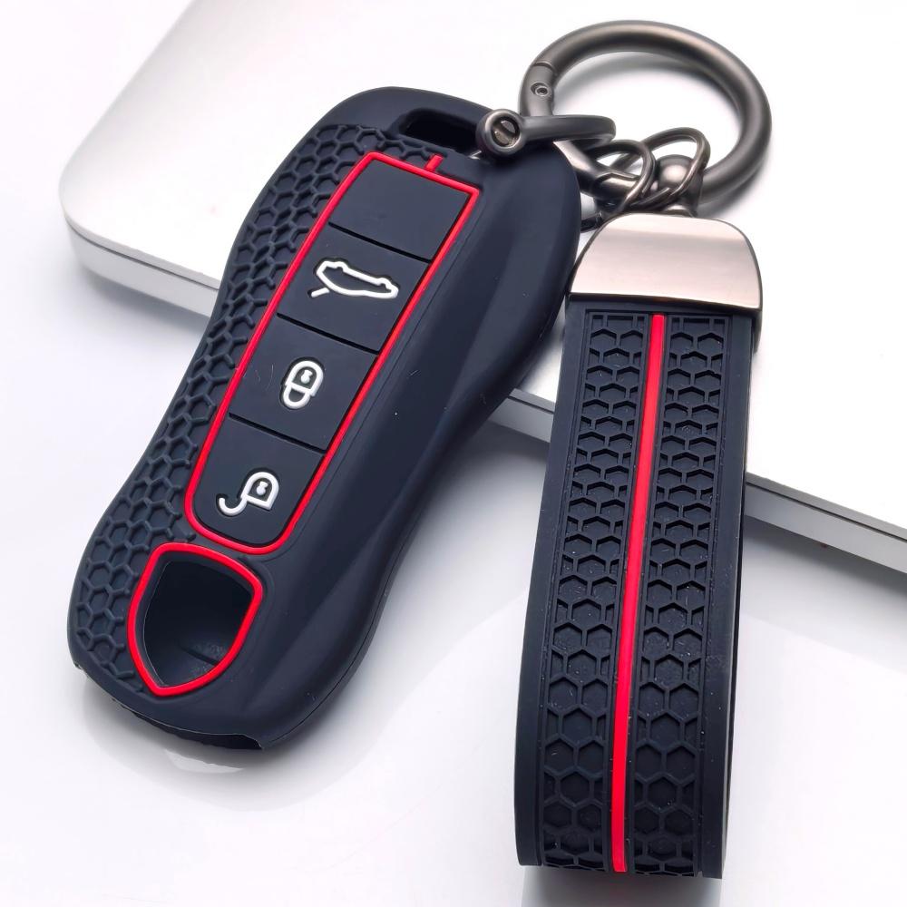 Key Cover for Porsche Cayenne Panamera Macan Boxster 911 718 Cayman with Keychain Anti-Scratch Guard Shockproof Protection Soft Grip Texture