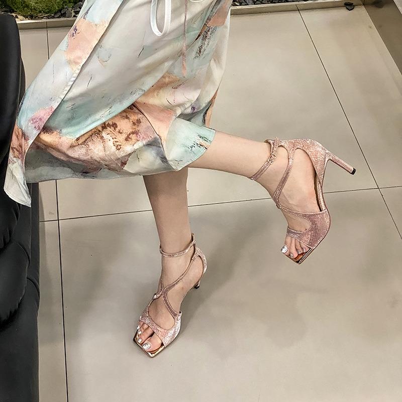 4 High Heels sind nicht fußmüde, schöne Sandalen, Frühlings-Senior-Feeling sexy pinke dünne Absätze eckige Spitze High Heels Damen