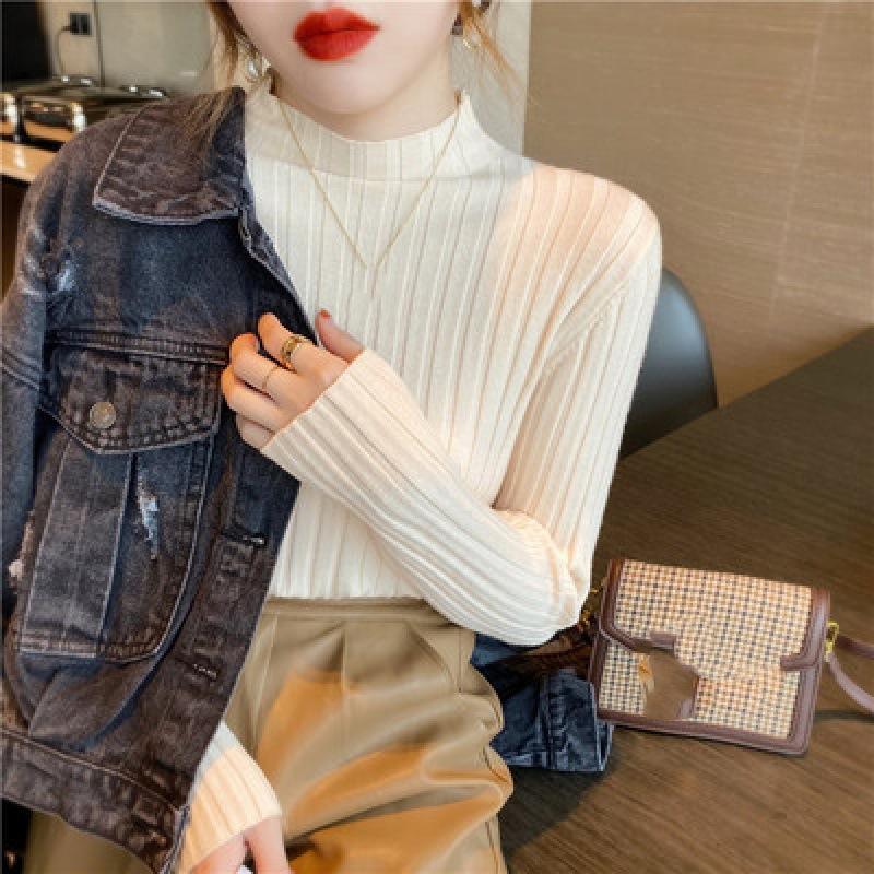 Pit Strip Half Turtleneck Bottom Shirt with Sweater Female Autumn and Winter White Chic Top Black Sweater