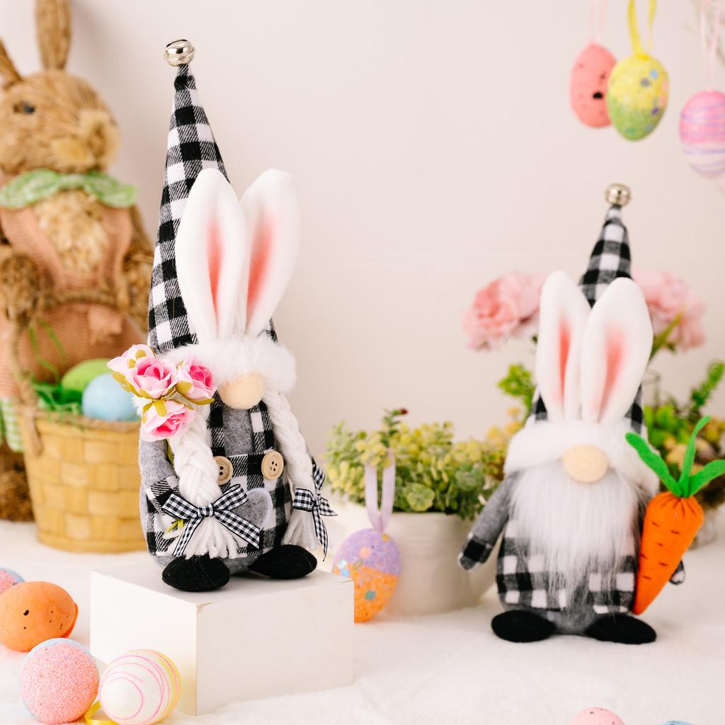 Adorable Black And White Checkered Bunny Ears Plush Doll Holding Carrot For Easter Decor