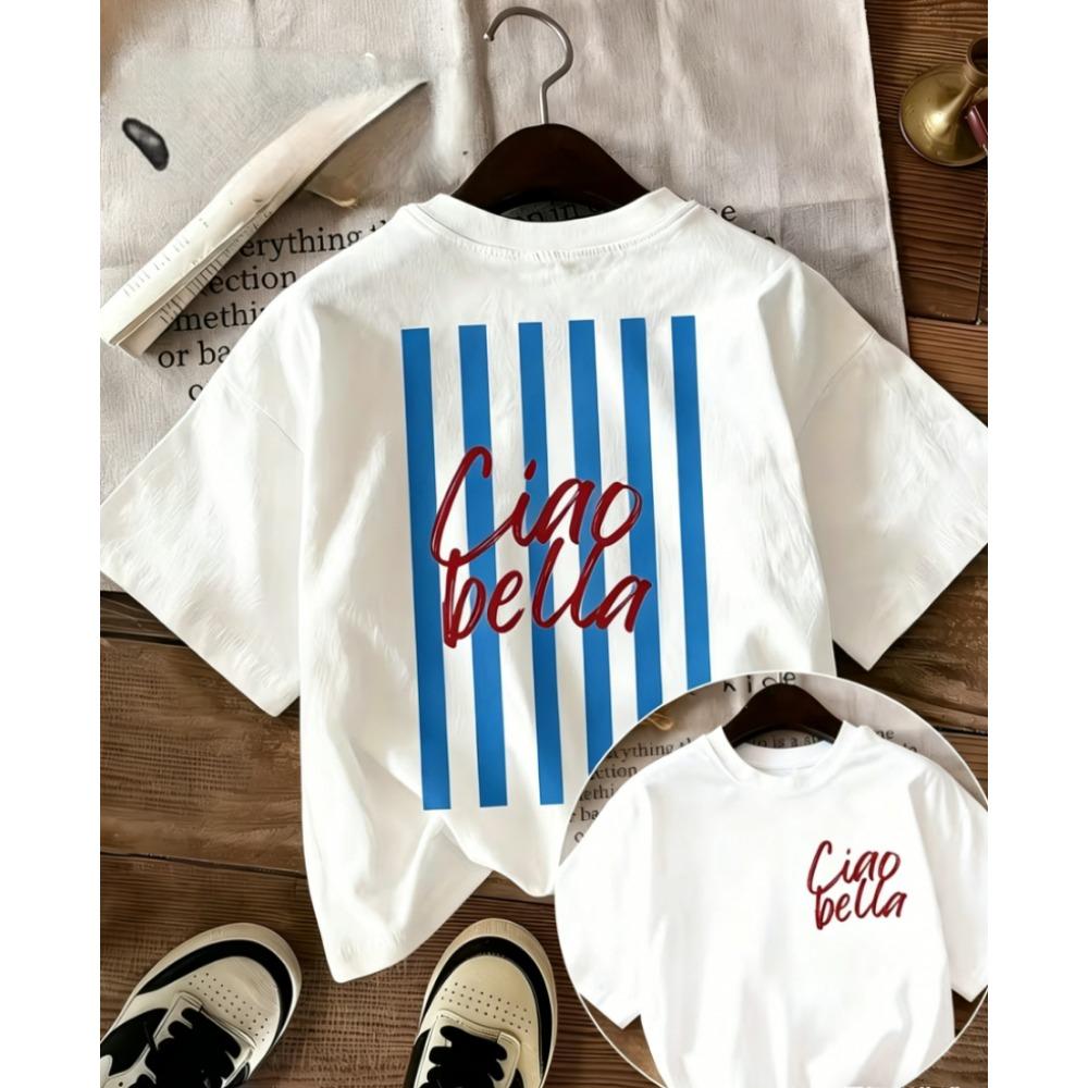 Ciao Bella Striped Print T-shirt Italian Retro Graphic Short Sleeve Tops Women Casual Loose Streetwear Daily Wear Tee Summer