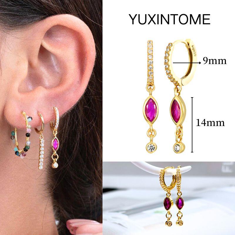 

925 Silver Ear Needle Rose Red Hoop Earrings For Women Exquisite Water Drop/Flower/Heart Crystal Piercing Huggie Earring Jewelry