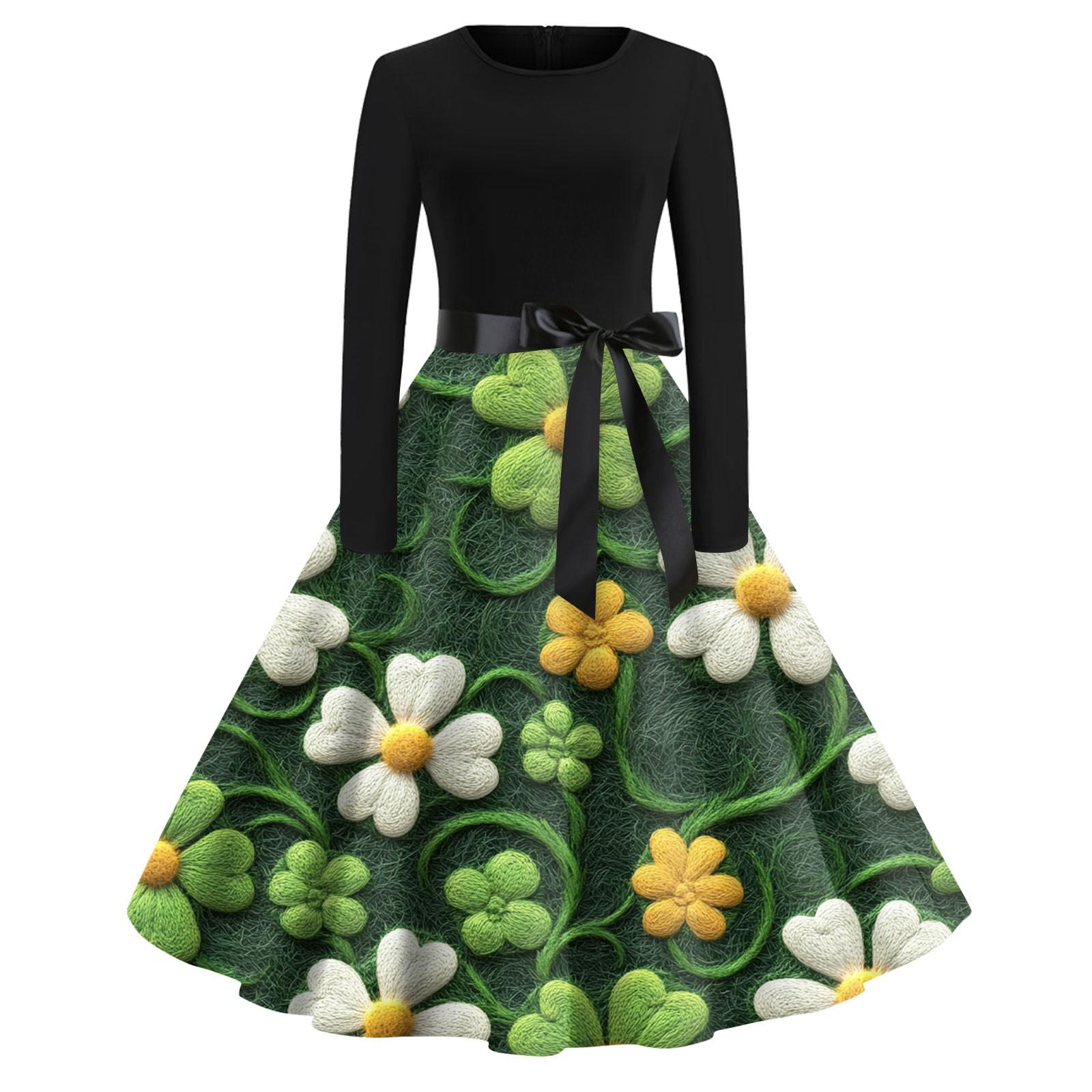 

Жіночі сукні Модні повсякденні тонкі сукні з круглим вирізом St. Сукні з довгими рукавами з принтом до Дня Патрика XXXL золотий