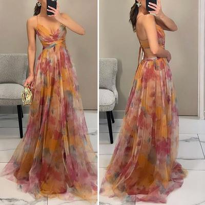 Women Evening Dress Mesh Colorful Printing Low-cut Sleeveless Backless Spaghetti Strap Pleated A-line Floor Length Tight Waist