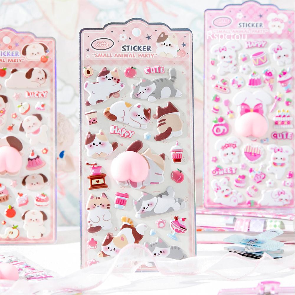6pcs Funny Cute Animal Soft Butt Stickers Kawaii Cartoon Bubble Sticker Waterproof Decompress Toys 3D Puffy Sticker Reward Gifts