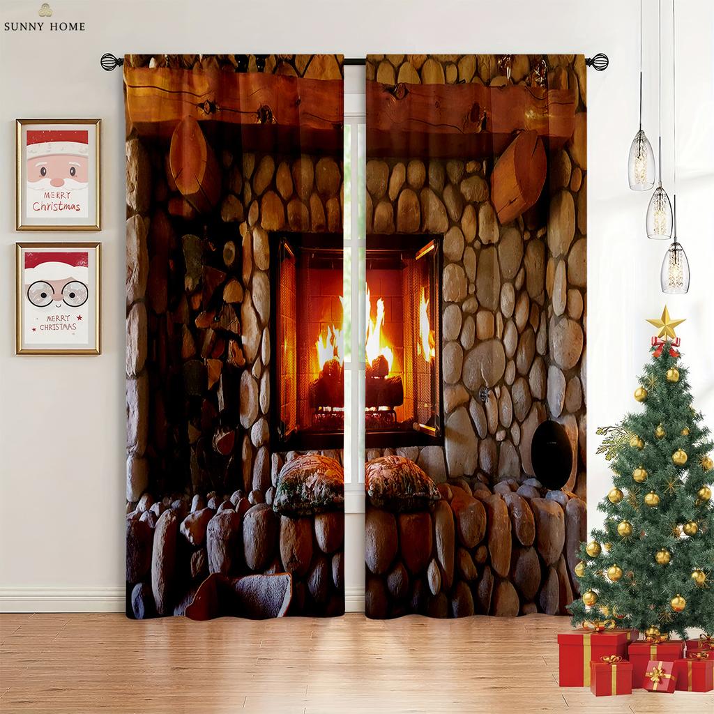 Merry Christmas Elk Red Vintage Print Curtains 100% Polyester Bedroom Living Room Holiday Party Decorative Curtains 2pcs