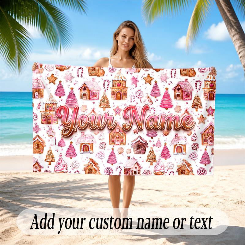 Christmas Theme Quick Dry Beach Towel Custom Name Text Print Large Sand Resistant Towel Beach Vacation