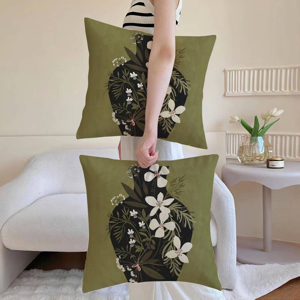 Vintage Vase Print Pillow Case Sofa and Living Room Decorative Cushion Covers Dust-proof and Mite-proof Invisible Zipper