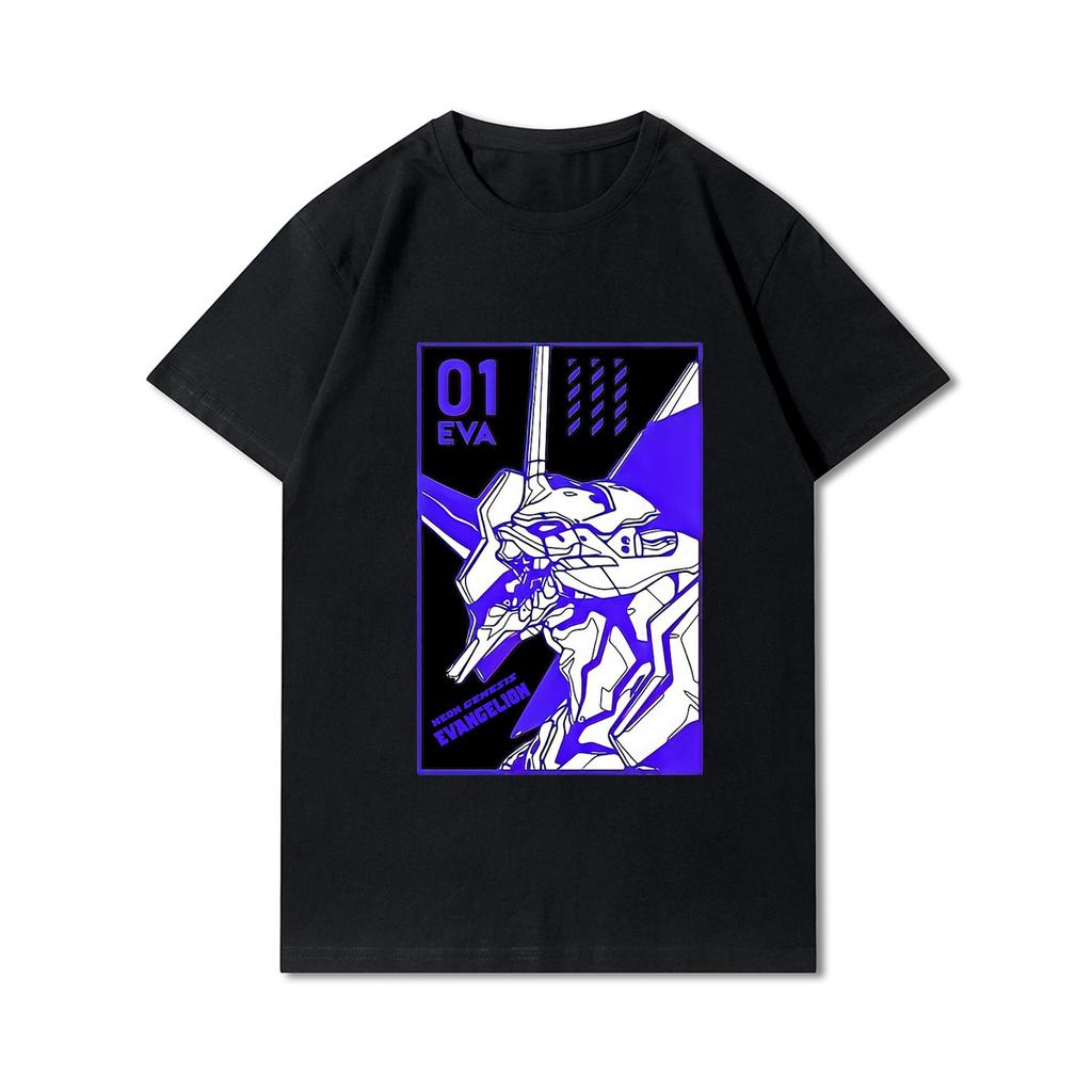 Plus Size Anime Evangelion Printed Unisex T Shirts Round Neck Cotton Tops Summer Casual Black Tees