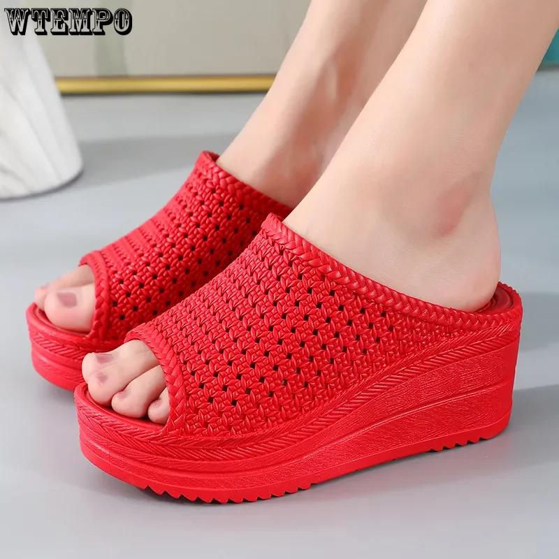 Rutschfeste Damen-Hausschuhe, hohl, einfarbig, Sommermode, bequeme Hausschuhe mit hohen Absätzen
