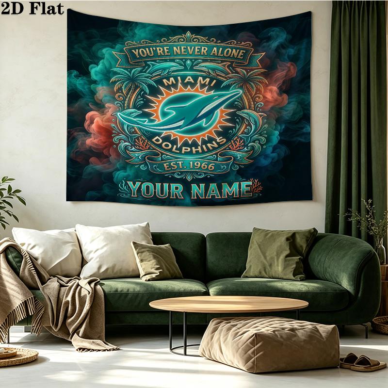 Benutzerdefiniertes Namensschild Miami Dolphins Bedruckter Wandteppich – Wandbehang für Schlafzimmer, Studentenwohnheime und Heimdekoration