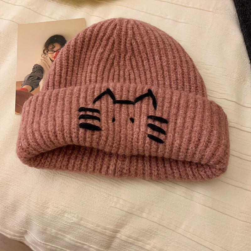 

Cute cat embroidery blue knitted women s new sweet and versatile face small warm ear protector wool hat One size fits all (55-59cm) рожевий