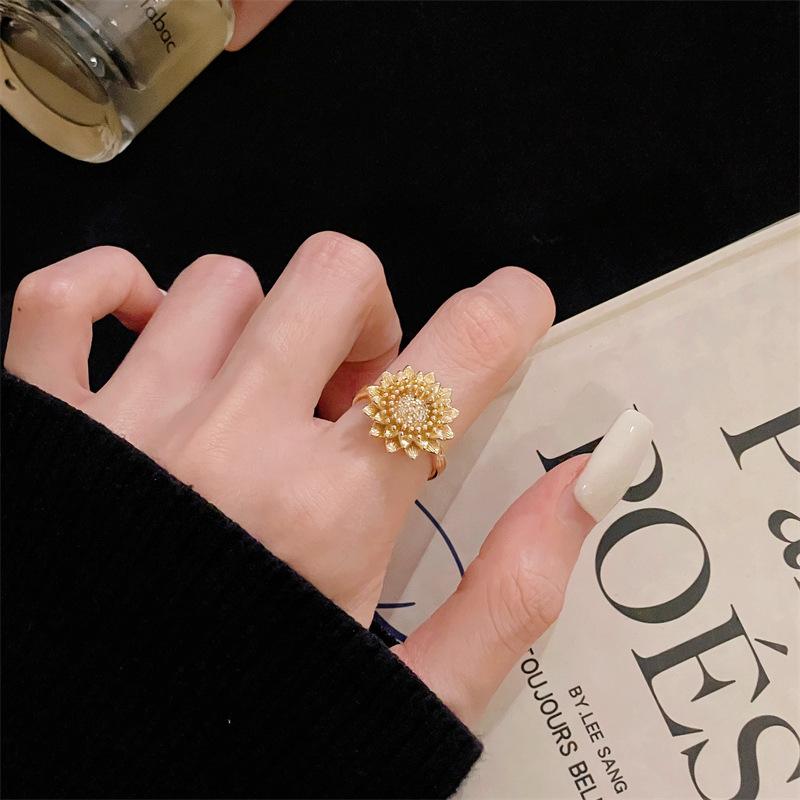 Caibao Series Light Luxury Elegant High Sense Exquisite Full Of Diamonds Zircon Flower Opening Ring Medieval Woven Index Finger Ring