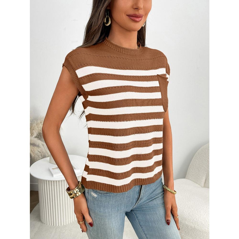 Summer New Women's Round Neck Top Knitted Casual Striped Sweater