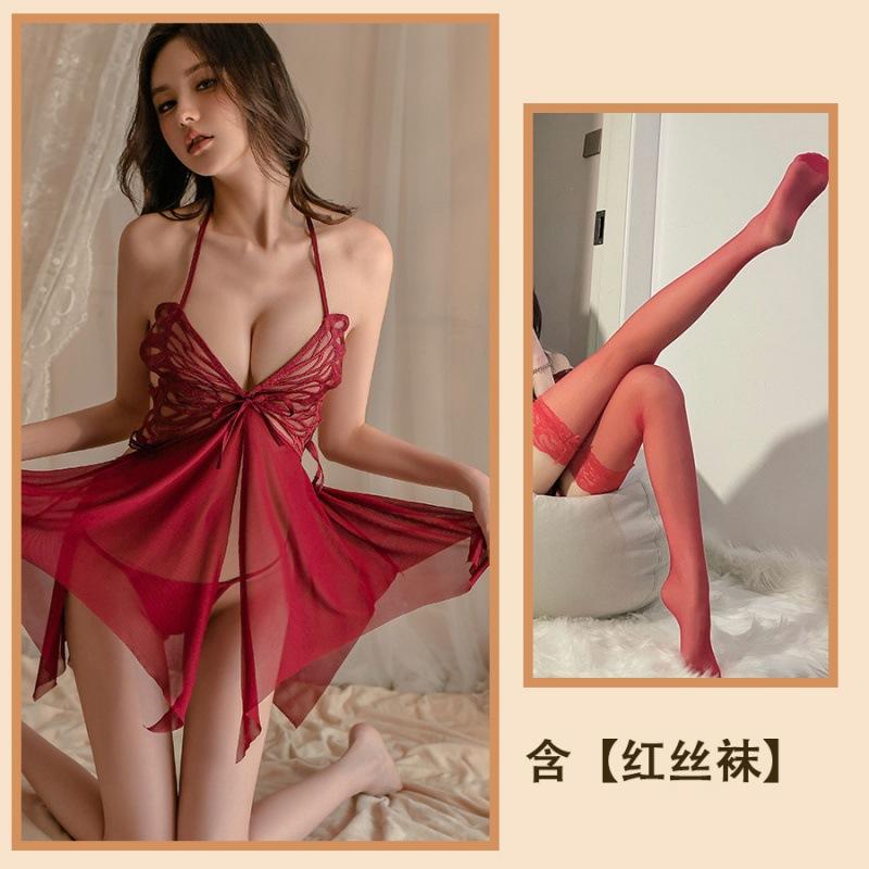 Sex underwear sexy pure desire wind butterfly mesh nightdress women's hot transparent backless uniform temptation suspender set