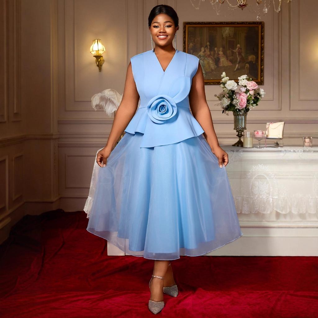Plus Size Women's Light Blue Elegant V-neck Dress 3D Floral Formal Party Evening Gown