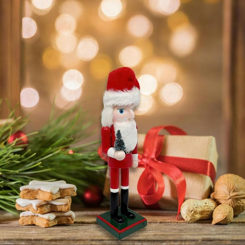 Natural Wood Christmas Santa Nutcrackers Soldier Figurine 25cm Tall Traditional Holiday Decors For Living Room Office