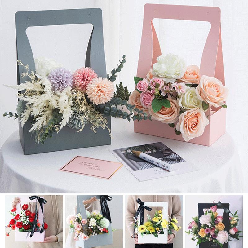 5Pcs Holiday Gift Elegant Design Double Sided Convenient Kraft Paper Portable Wrapping Box Water Proof Flower Basket
