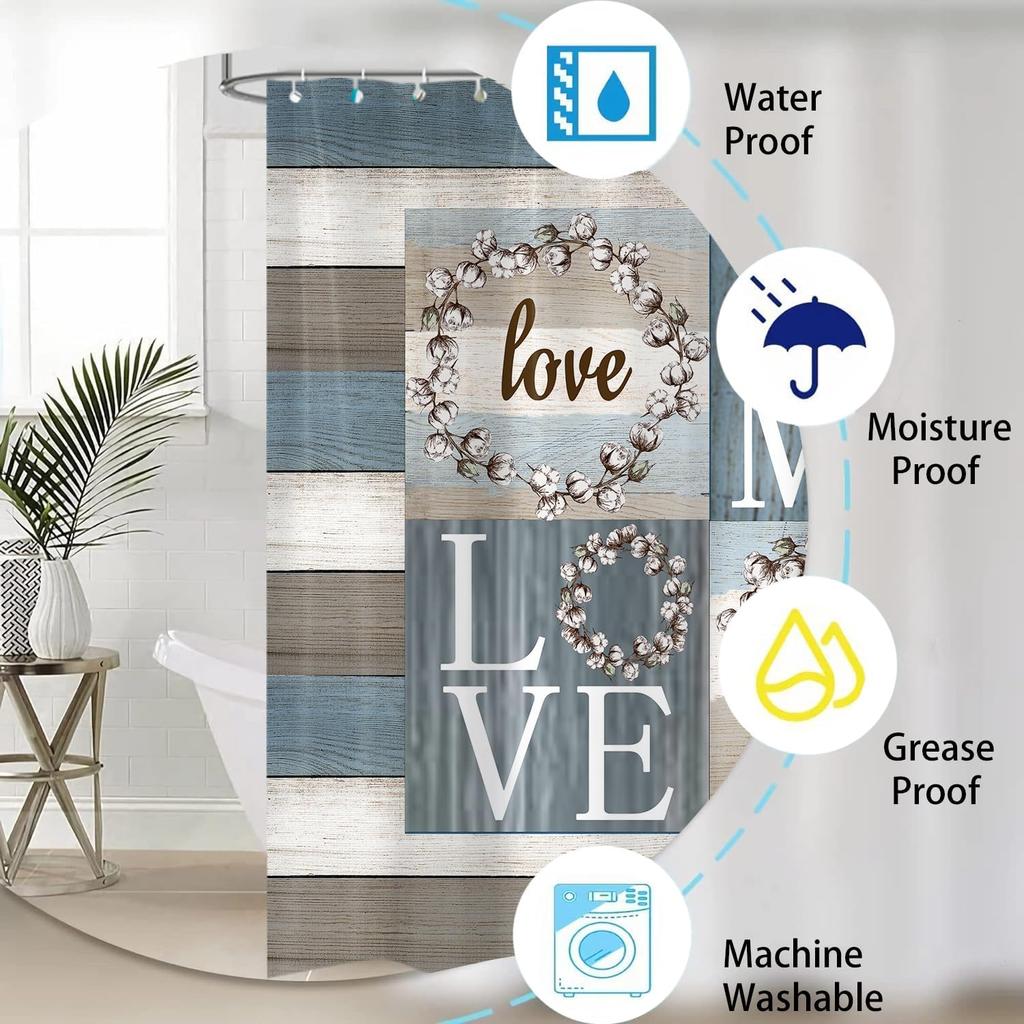 4PCS Rustic Floral Flower Sweet Love Home Fabric Shower Curtain Set, with Non-Slip Rugs, Toilet Lid Cover and Bath Mat Farmhouse Country Vintage Wood