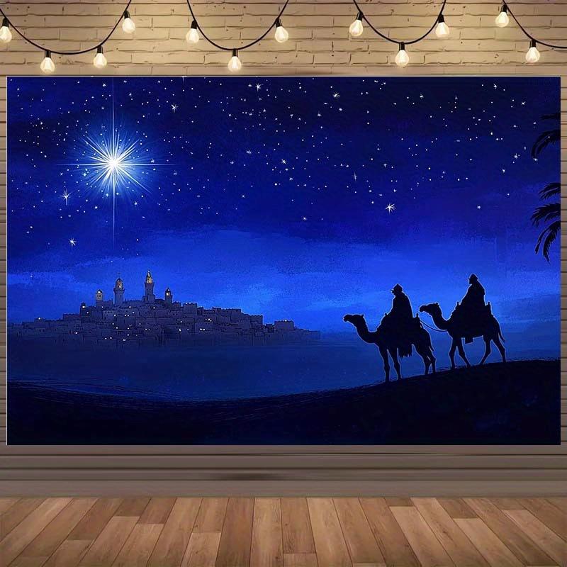 1 background fabric of the arrival of the Three Kings of the starry night - polyester banner suitable for Christmas decoration 100x150cm