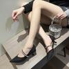 New Chinese mesh pointed high heels women's stiletto low heel pearl chain one word belt single shoes sandals