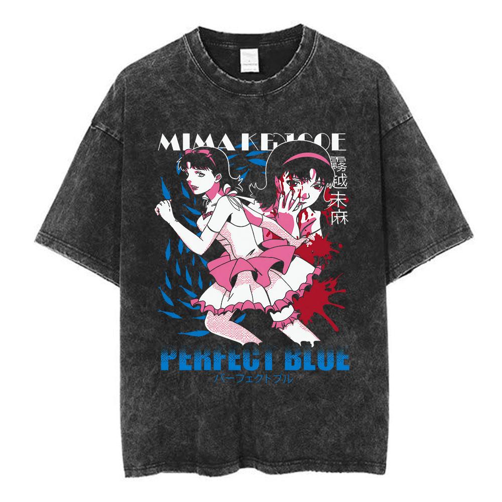 Vintage Washed Anime Perfect Blue A Satoshi Kon Film Mima Kirigoe TShirts Mens Women Fashion Oversized Short Sleeve T Shirts