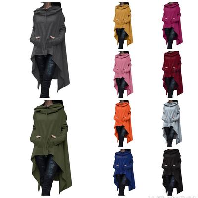 Cotton Blend Women Solid Color Asymmetric Hem Drawstring Hooded Sweatshirt Loose Poncho Coat for Women Hooded Sweatshirt