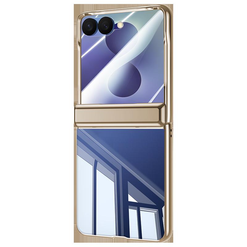 Applicable To Samsung ZFlip1 Mobile Phone Case, Central Axis Spring Hinge, Transparent Electroplated Case and Film Integrated Anti-drop  Case