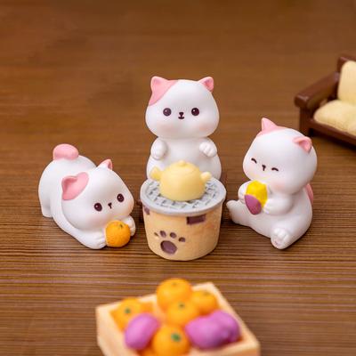 Mini Cat Figurine Cartoon Brewing Tea Kitten Micro Landscape Ornament Dollhouse Model Car Interior Home Desktop Decoration