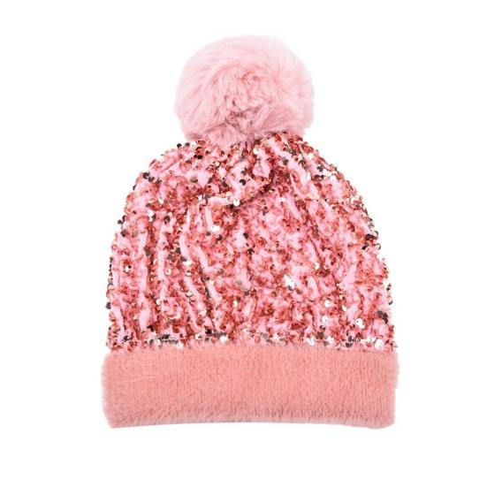 Women Knitting Hat Plush Ball Decor Shiny Sequins Decor Brimless Hat Winter Warm Furry Bucket Hat Headwear