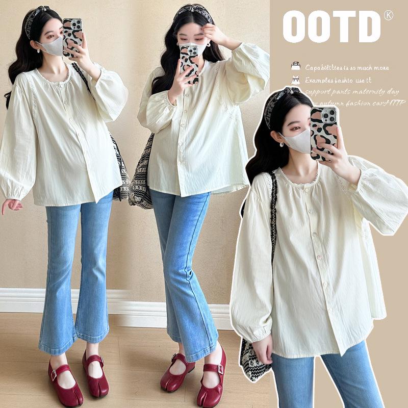 

2026 Spring Korean Style Maternity Blouse: Solid Color, Lace, Loose Fit for Gentle Slimming XL