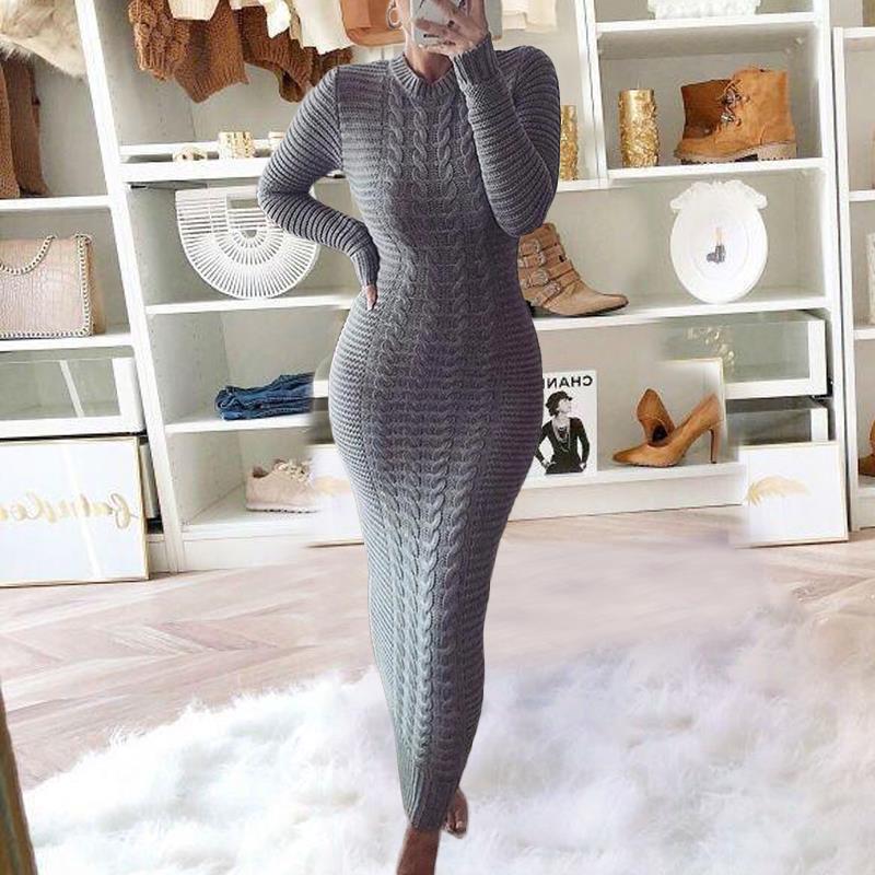 Autumn/Winter Women's Cable Knit Long-Sleeve Wool Dress