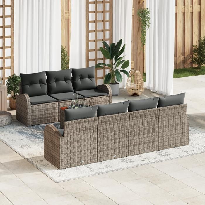 VidaXL Ensemble de 8 Canapés de Jardin avec Coussins Gris Poly Rattan Acacia 3347538