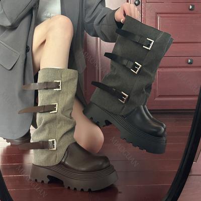 Mode Western Cowboy Mid-Calf Stiefel Damen Dicke Sohle Hosen Stacked Lang Ritter Botas Herbst Gürtelschnalle Retro Klobiger Absatz Schuh