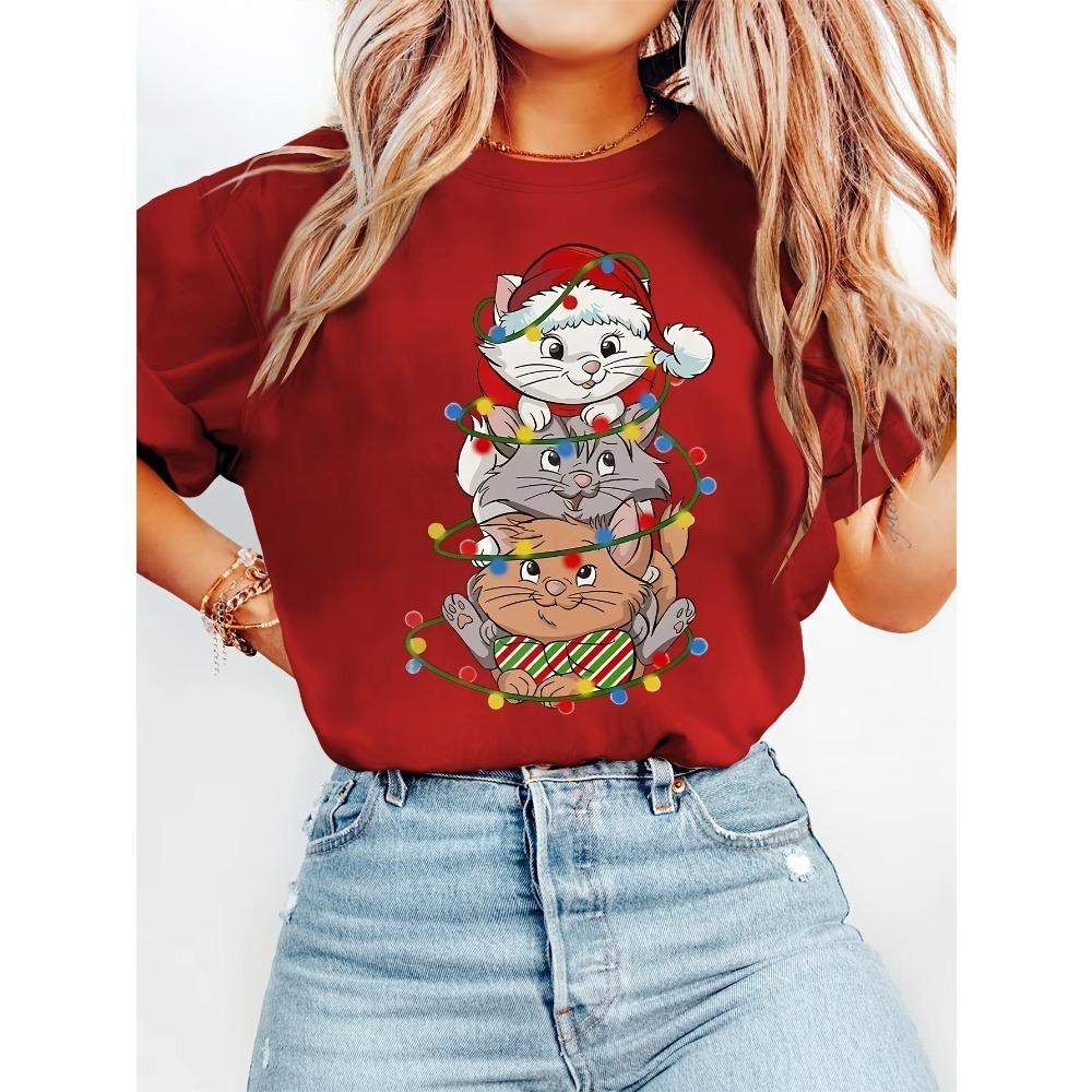 Christmas Aristocats Marie Cat Stackable Lights T Shirt Vintage Women Unisex Cotton Tee Short Sleeve ONeck Casual Oversized S