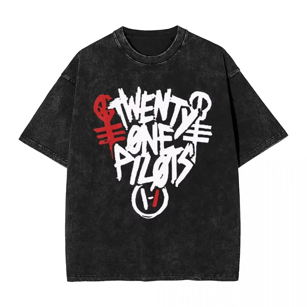 Twenty One Pilots Herre Dame Vasket Stemplingstrykk T-skjorte Harajuku Bomulls T-skjorte Band Herre Kortermet Topp T-skjorter
