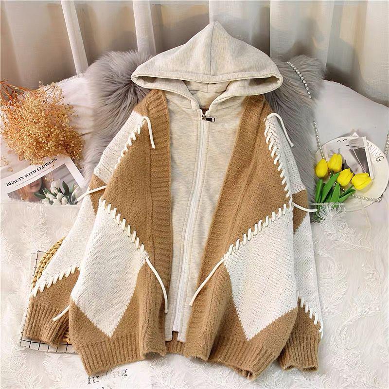 

Women s Gray Two-Piece Faux Layered Knit Hooded Cardigan - Loose, Cozy Japanese Style, Spring Collection S