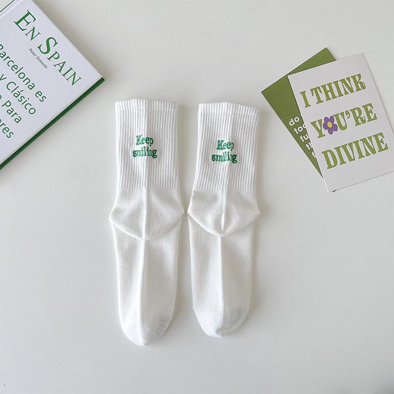Female Spring and Autumn Letter Stripe Embroidered Green Street Sports Academy Wind Tube Socks