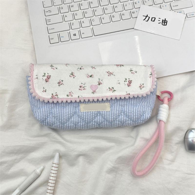 Flower Print Pen Bag with Lanyard Large Capacity Pencil Case Pen Organizers Pencil Pouches Travel Makeup Bag for Women